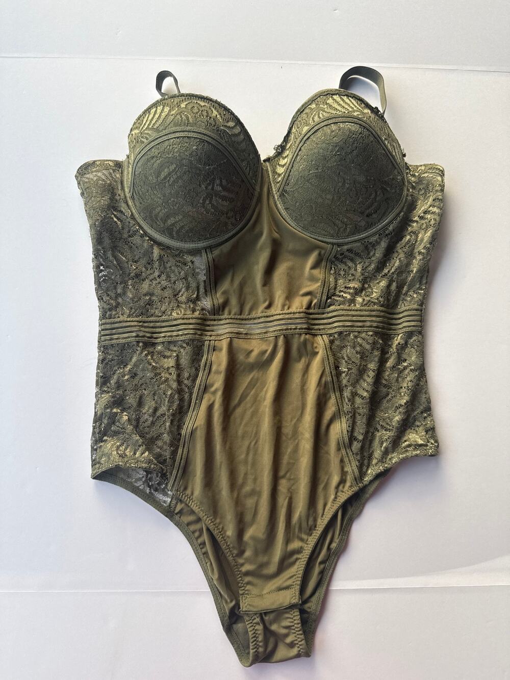 NWOT olive green lingerie bodysuit 2X snap crotch lace